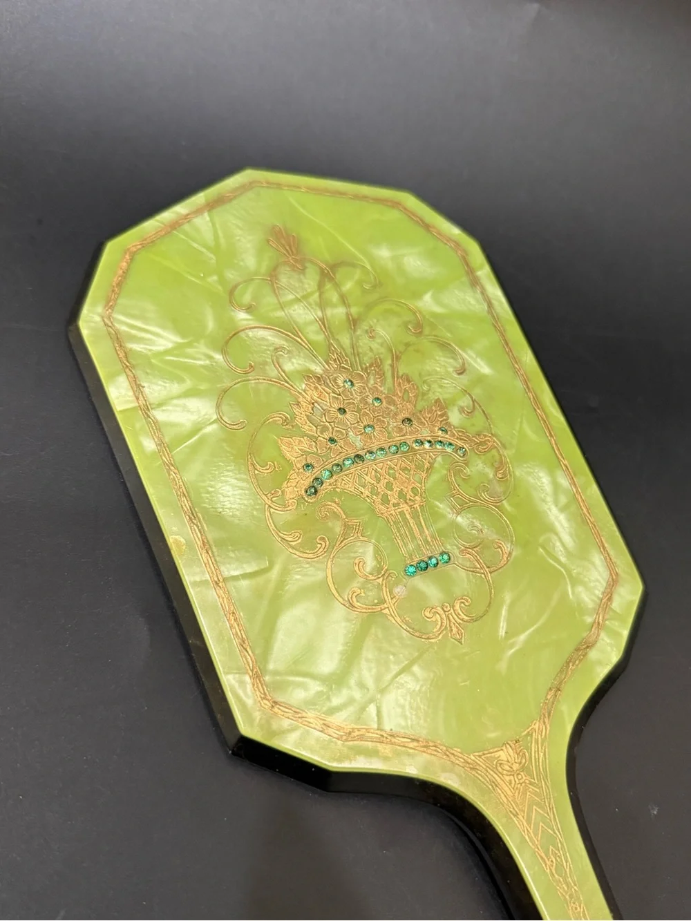 Vintage Art Deco Pearlized Lime Green Celluloid or Lucite Hand Held Mirror